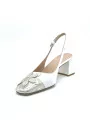 White leather and white/gold printed leather slingback with “flower” detail.