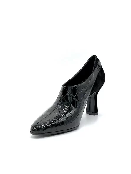 Black suede and printed patent leather ankle boot. Leather lining, leather and r