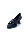 Blue suede pump with light gold accessory. Leather lining, leather and rubber so