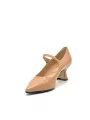 Beige leather Mary Jane pump with covered button. Leather lining, leather and ru