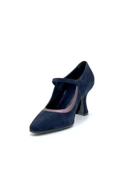 Blue suede and purple laminate leather Mary Jane pump with covered botton. Leath