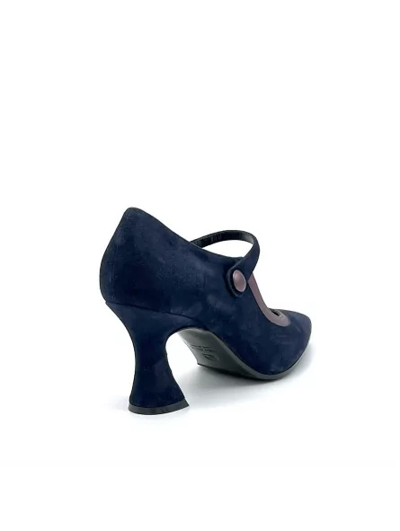 Blue suede and purple laminate leather Mary Jane pump with covered botton. Leath