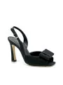 Black laminate fabric sandal with bow. Leather lining. Leather sole. 9,5 cm heel