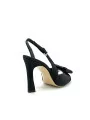 Black laminate fabric sandal with bow. Leather lining. Leather sole. 9,5 cm heel