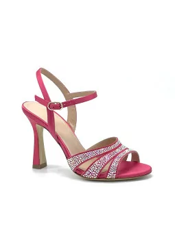 Raspberry color silk and suede sandal with rhinestones. Leather lining, leather 