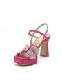 Raspberry color silk and suede sandal with rhinestones and platform. Leather lin