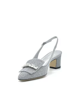 Dark silver laminate fabric slingback with jewel accessory. Leather lining, leat