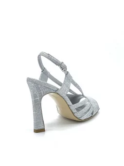 Silver laminate fabric sandal. Leather lining, leather sole. 9,5 cm heel.