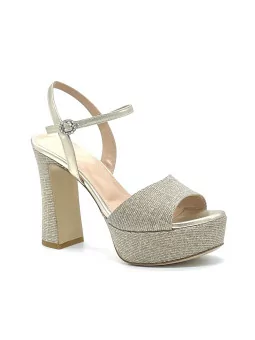 Gold laminate fabric and leather sandal with jewel buckle and platform. Leather 
