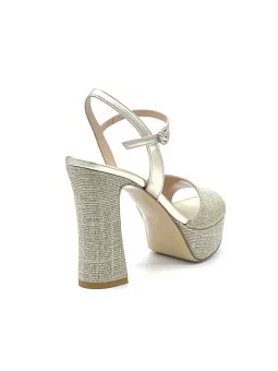 Gold laminate fabric and leather sandal with jewel buckle and platform. Leather 