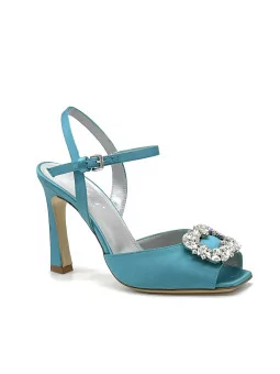 Teal colour silk sandal with jewel accessory. Leather lining. Leather sole. 9,5 