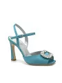 Teal colour silk sandal with jewel accessory. Leather lining. Leather sole. 9,5 