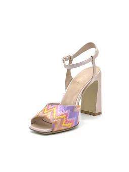 Iridescent pink leather and multicolour fabric sandal. Leather lining. Leather s