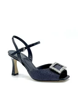 Blue patent leather and raffia fabric sandal with jewel buckle. Leather lining. 