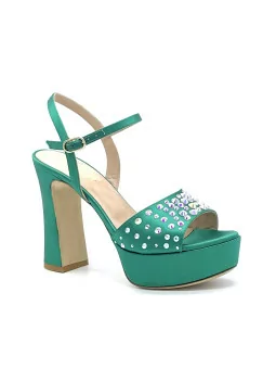 Green silk satin sandal with crystal rhinestones. Leather lining. Leather sole. 