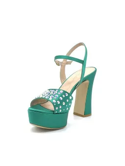 Green silk satin sandal with crystal rhinestones. Leather lining. Leather sole. 
