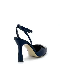 Blue 100% silk slingback with ankle strap and jewel accessory. Leather lining. L