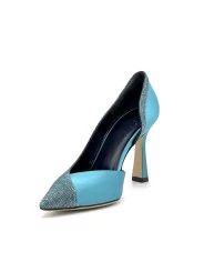 Teal-colour silk satin and laminate fabric pump with internal opening. Leather l