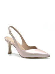 Iridescent pink leather slingback with sweetheart neckline. Leather lining. Leat