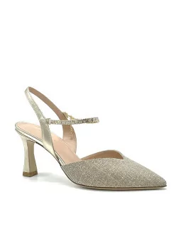 Golden laminate leather and fabric slingback with jewel band. Leather lining. Le