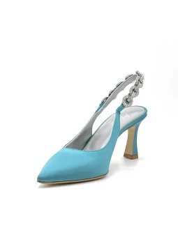 Teal-colour silk satin slingback with jewel detail. Leather lining. Leather sole