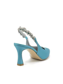 Teal-colour silk satin slingback with jewel detail. Leather lining. Leather sole
