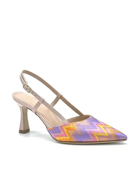 Iridescent pink leather and multicolour fabric slingback. Leather lining. Leathe
