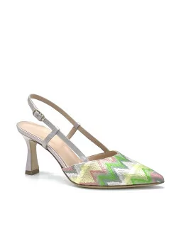 Oyster-colour leather and multicolour fabric slingback. Leather lining. Leather 