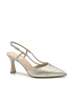 Golden laminate leather slingback with golden chain. Leather lining. Leather sol