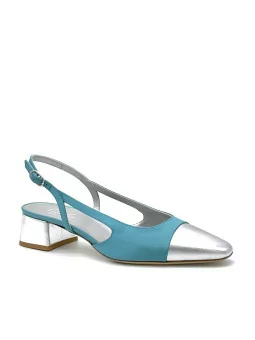 Teal- colour silk satin and silver laminate leather slingback. Leather lining. L