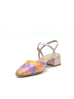 Iridescent pink leather and multicolour fabric slingback. Leather lining. Leathe