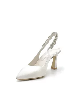 White laminate fabric slingback with jewel accessory. Leather lining. Leather so