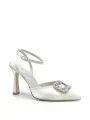 White 100% silk slingback with jewel accessory. Leather lining. Leather sole. 9,
