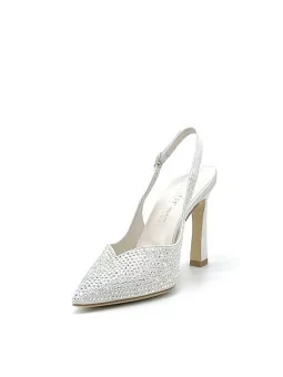 White/silver laminate suede slingback with iridescent rhinestones. Leather linin