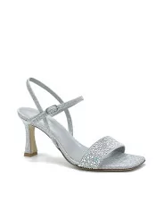 Silver laminate fabric sandal with studded and rhinestones detail. Leather linin