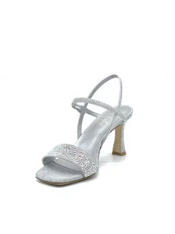 Silver laminate fabric sandal with studded and rhinestones detail. Leather linin