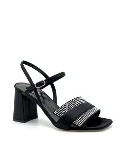 Black satin sandal with rhinestones. Leather lining. Leather sole. 7,5 cm heel.