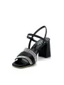 Black satin sandal with rhinestones. Leather lining. Leather sole. 7,5 cm heel.