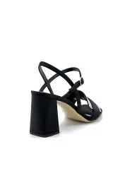 Black satin sandal with rhinestones. Leather lining. Leather sole. 7,5 cm heel.