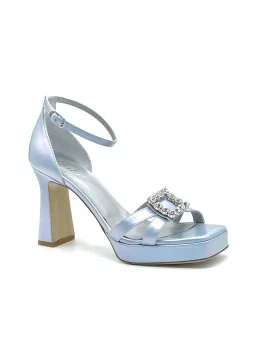 Iridescent light blue leather sandal with jewel accessory. Leather lining. Leath