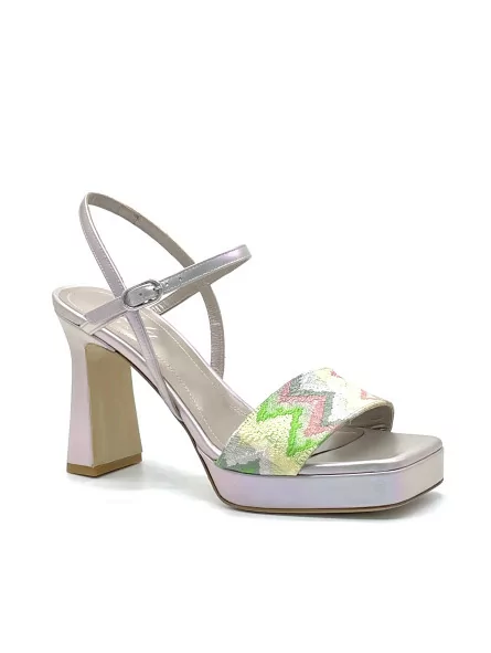 Iridescent oyster-colour leather and multicolour fabric sandal. Leather lining. 