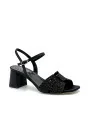 Black satin sandal with rhinestones. Leather lining. Leather sole. 5,5 cm heel.