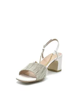 Butter-coloured leather and multicolour fabric sandal with golden chain. Leather