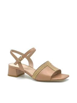 Light brown leather sandal with golden studded detail. Leather lining. Leather s