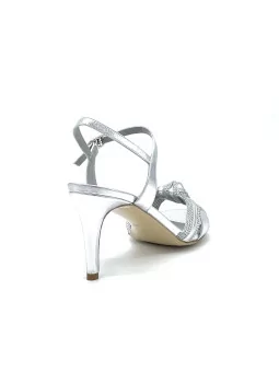 Silver laminate leather and silver fabric sandal with ankle strap. Leather linin
