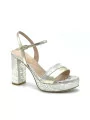 Gold laminate leather and white/gold printed leather sandal. Leather lining. Lea