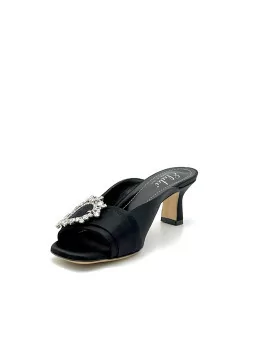 Black silk mule with jewel buckle. Leather lining, leather sole. 5,5 cm heel.