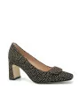 Beige and brown printed suede pumps with lined accessory. Leather lining, leathe