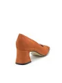 Pumpkin color suede pump with brown suede details. Leather lining, leather and r