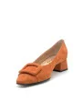 Pumpkin color suede pump with lined buckle. Leather lining, leather and rubber s